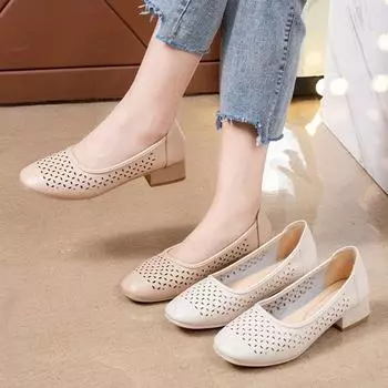 2024 Модные женские туфли Классические туфли на среднем толстом каблуке Женские туфли-лодочки с вырезом Простые офисные туфли с квадратным носком Женские сандалии 35 абрикосовый