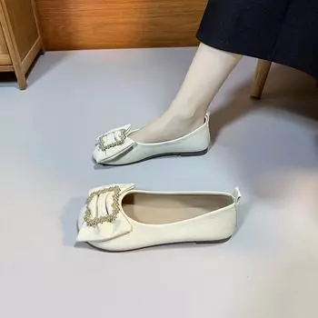 2024 Модные женские туфли с круглым носком, хит продаж, с закрытым носком, на плоской подошве, однотонные, удобные, украшенные стразами 35 хаки