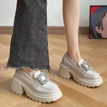 2024 Модные женские туфли с одной педалью, женские туфли-лодочки, осенние туфли-лодочки с круглым носком и стразами, на высоком каблуке, женские лоферы с толстой подошвой 35 чёрный