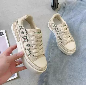 2024 Модные женские туфли с принтом, повседневные женские кроссовки на вулканизированной платформе с противоскользящей подошвой, женские летние туфли на платформе для ходьбы 35 бежевый