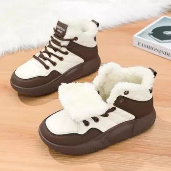 2024 Модные женские зимние ботинки с шерстяной подкладкой Ботильоны с нескользящей платформой и высоким верхом Теплые повседневные ботинки с меховой подкладкой 36 чёрный