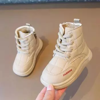 2024 Модные зимние ботинки для детей, однотонные утолщенные теплые детские уличные хлопковые ботинки, универсальные повседневные ботинки для мальчиков и девочек 21 чёрный