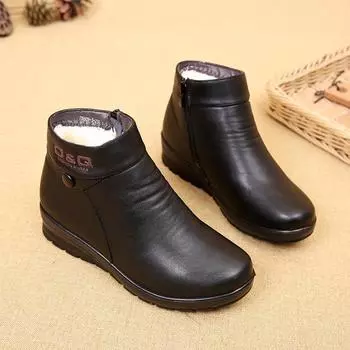 2024 Модные зимние ботинки женские из натуральной кожи теплые ботинки для мам толстые плюшевые теплые зимние ботинки женские водонепроницаемые нескользящие ботинки 35 чёрный