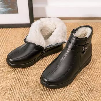 2024 Модные зимние ботинки женские из натуральной кожи теплые ботинки по щиколотку для мам плюшевые туфли на танкетке повседневные женские зимние ботинки большие размеры 35-42 5 чёрный