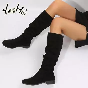 2024 Модные зимние новые винтажные классические универсальные женские туфли из замши с толстым каблуком и высоким ворсом Современные ботинки Botte 35 хаки