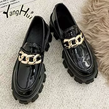 2024 Модные золотистые аксессуары из лакированной кожи на платформе для женщин в стиле Лолиты, повседневные универсальные туфли-лодочки на высоком каблуке 35 чёрный