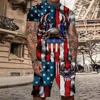 2024 Модный мужской костюм с принтом в виде винтажного орла, летний повседневный дышащий спортивный костюм для бега, свободный мужской топ в стиле Y2K S