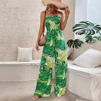 2024 Модный облегающий принт без бретелек Повседневный комбинезон Женский летний комбинезон с открытой спиной для пляжного отдыха Женский комбинезон Комбинезоны с высокой талией Сексуальные женские боди 24355 S синий