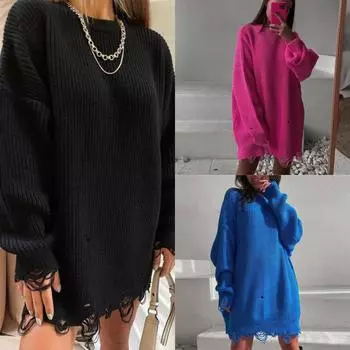 2024 Модный сексуальный свитер-топ для женщин Y2K Дамский свободный свитер вязаный повседневный пуловер с круглым вырезом и длинным рукавом для вечеринки M серый