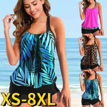 2024 модный танкини, летний женский сексуальный купальник с высокой талией, комплект из двух предметов, пляжная одежда, монокини с 3D принтом, женский купальный костюм S синий