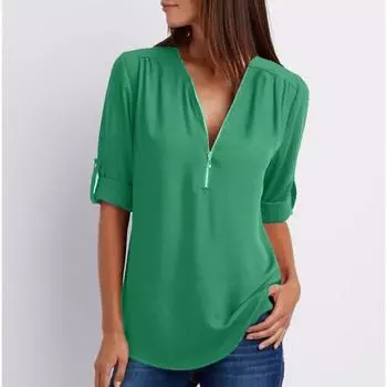 2024 модный топ, сексуальная рубашка, женская повседневная женская блузка на молнии с v-образным вырезом, свободная шифоновая рубашка с длинными рукавами, однотонная женская одежда 25811 S белый