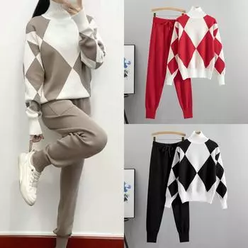 2024 модный женский костюм осень-зима новый повседневный вязаный клетчатый джемпер комплект из двух предметов S хаки