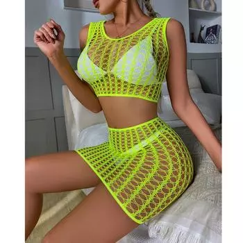 2024 Модный женский обтягивающий комплект нижнего белья из двух частей, облегающее платье в сетку, женская эротическая сетчатая прозрачная соблазнительная короткая юбка XXS