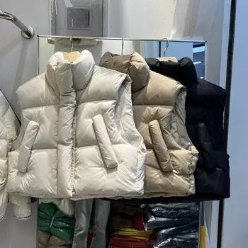2024 Модный женский пуховик с воротником-стойкой, короткий, новый тренд, утолщенный, белый, утиный пух, свободный, универсальный жилет one size fits all чёрный