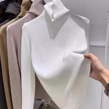 2024 Модный женский свитер с высоким воротом, новый вязаный повседневный базовый свитер с длинным рукавом, джемпер для женщин, облегающий простой базовый топ, одежда 2415 One Size