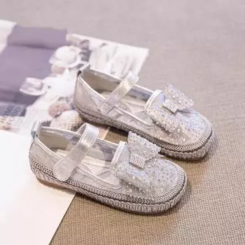 2024 Мокасины для девочек, мягкие, на плоской подошве, повседневные, детские, модные, милые, принцесса, со стразами, универсальные, детские, на липучке 26 золотой