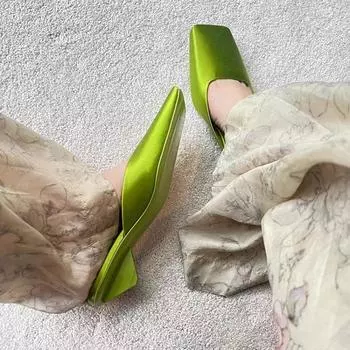 2024 Мокасины с квадратным носком Женские тапочки Женские туфли Мюли для женщин Роскошные шлепанцы на танкетке Новые дизайнерские туфли на блочном каблуке 35 зелёный