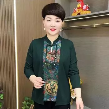 2024 Mom Clothing Medium и Fake Двухсекционный топ с длинными рукавами для женщин среднего и пожилого возраста, прикрывающий кожу, замедляющий старение, рубашка XL чёрный