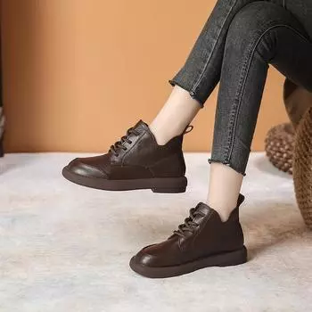 2024 Мягкая кожа Мягкая подошва Женские сапоги в английском стиле Осень/Зима Плоская подошва Винтаж Короткие сапоги Ботинки Челси для женщин 35 чёрный