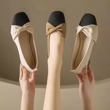2024 Мягкая кожа Средний каблук Женские туфли с квадратным носком Толстый каблук Женские туфли 2024 Досуг Дамы Платье Туфли-лодочки Мягкая подошва Одиночные туфли 35 бежевый