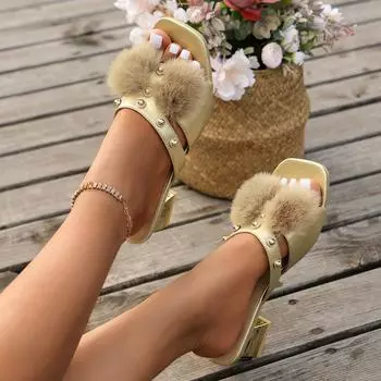 2024 Мюли Женские сандалии Лето Уличная обувь 2024 Золотистые тапочки с квадратным носком на высоком каблуке Офисные женские шлепанцы из искусственной кожи Шикарные меховые туфли 36 золотой