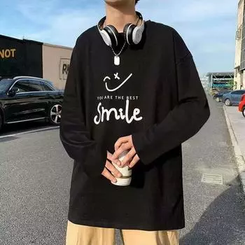 2024 Мужская футболка с длинными рукавами Осенняя майка с длинными рукавами Хлопок Осенний Гонконгский стиль Печать Свободный модный топ M белый