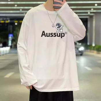 2024 Мужская футболка с длинными рукавами Осенняя майка с длинными рукавами Хлопок Осенний Гонконгский стиль Печать Свободный модный топ M белый