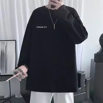 2024 Мужская футболка с длинными рукавами Осенняя майка с длинными рукавами Хлопок Осенний Гонконгский стиль Печать Свободный модный топ M белый