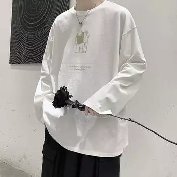 2024 Мужская футболка с длинными рукавами Осенняя майка с длинными рукавами Хлопок Осенний Гонконгский стиль Печать Свободный модный топ M белый
