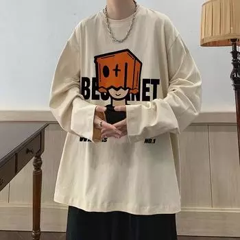 2024 Мужская футболка с длинными рукавами Осенняя майка с длинными рукавами Хлопок Осенний Гонконгский стиль Печать Свободный модный топ M белый