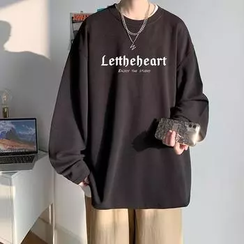 2024 Мужская футболка с длинными рукавами Осенняя майка с длинными рукавами Хлопок Осенний Гонконгский стиль Печать Свободный модный топ M белый