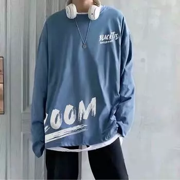 2024 Мужская футболка с длинными рукавами Осенняя майка с длинными рукавами Хлопок Осенний Гонконгский стиль Печать Свободный модный топ M белый