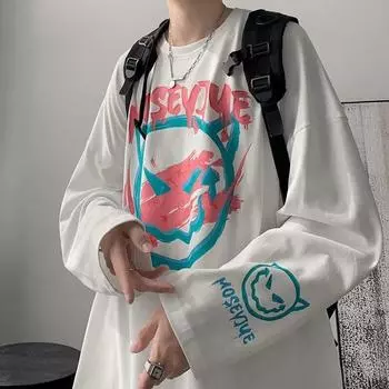 2024 Мужская футболка с длинными рукавами Осенняя майка с длинными рукавами Хлопок Осенний Гонконгский стиль Печать Свободный модный топ M белый