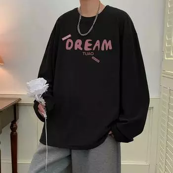 2024 Мужская футболка с длинными рукавами Осенняя майка с длинными рукавами Хлопок Осенний Гонконгский стиль Печать Свободный модный топ M белый