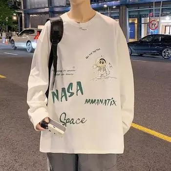 2024 Мужская футболка с длинными рукавами Осенняя майка с длинными рукавами Хлопок Осенний Гонконгский стиль Печать Свободный модный топ M белый