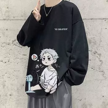 2024 Мужская футболка с длинными рукавами Осенняя майка с длинными рукавами Хлопок Осенний Гонконгский стиль Печать Свободный модный топ M белый