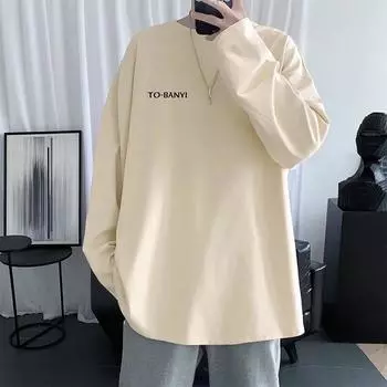 2024 Мужская футболка с длинными рукавами Осенняя майка с длинными рукавами Хлопок Осенний Гонконгский стиль Печать Свободный модный топ M белый