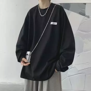 2024 Мужская футболка с длинными рукавами Осенняя майка с длинными рукавами Хлопок Осенний Гонконгский стиль Печать Свободный модный топ M белый