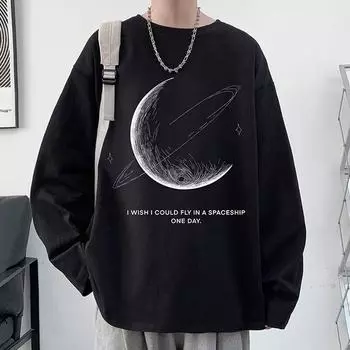 2024 Мужская футболка с длинными рукавами Осенняя майка с длинными рукавами Хлопок Осенний Гонконгский стиль Печать Свободный модный топ M белый