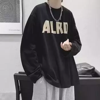 2024 Мужская футболка с длинными рукавами Осенняя майка с длинными рукавами Хлопок Осенний Гонконгский стиль Печать Свободный модный топ M белый