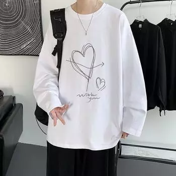 2024 Мужская футболка с длинными рукавами Осенняя майка с длинными рукавами Хлопок Осенний Гонконгский стиль Печать Свободный модный топ M белый