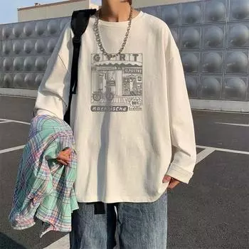 2024 Мужская футболка с длинными рукавами Осенняя майка с длинными рукавами Хлопок Осенний Гонконгский стиль Печать Свободный модный топ M белый