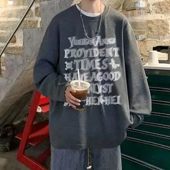 2024 Мужская футболка с длинными рукавами Осенняя майка с длинными рукавами Хлопок Осенний Гонконгский стиль Печать Свободный модный топ M белый