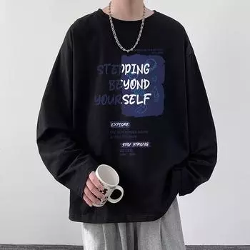 2024 Мужская футболка с длинными рукавами Осенняя майка с длинными рукавами Хлопок Осенний Гонконгский стиль Печать Свободный модный топ M белый