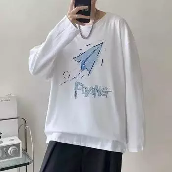 2024 Мужская футболка с длинными рукавами Осенняя майка с длинными рукавами Хлопок Осенний Гонконгский стиль Печать Свободный модный топ M белый