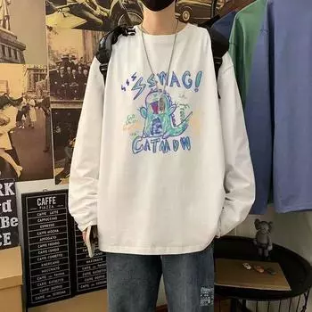 2024 Мужская футболка с длинными рукавами Осенняя майка с длинными рукавами Хлопок Осенний Гонконгский стиль Печать Свободный модный топ M белый