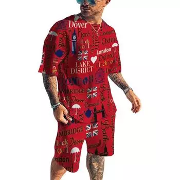 2024 Мужская футболка шорты азиатский размер комплект букв 3D принт мода городской пляжный отдых одежда S