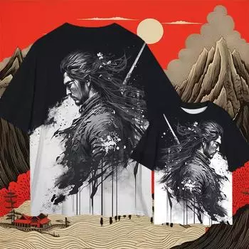 2024 Мужская футболка в стиле ретро с 3D самурайским принтом, футболки большого размера для мужчин, новая модная повседневная мужская одежда, топы с короткими рукавами и свободным дыханием S