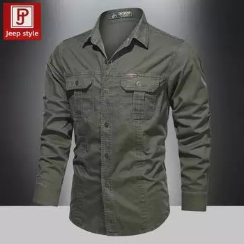 2024 Мужская хлопковая рубашка с длинным рукавом - Весна/Осень Свободная куртка для отдыха на открытом воздухе 4XL хаки