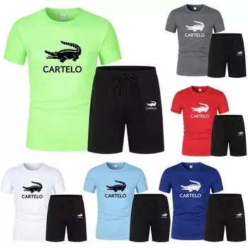 2024 мужская летняя одежда, комплект спортивной одежды, комплект из двух предметов, футболка, шорты, брендовая спортивная одежда, мужские спортивные костюмы для бега S чёрный